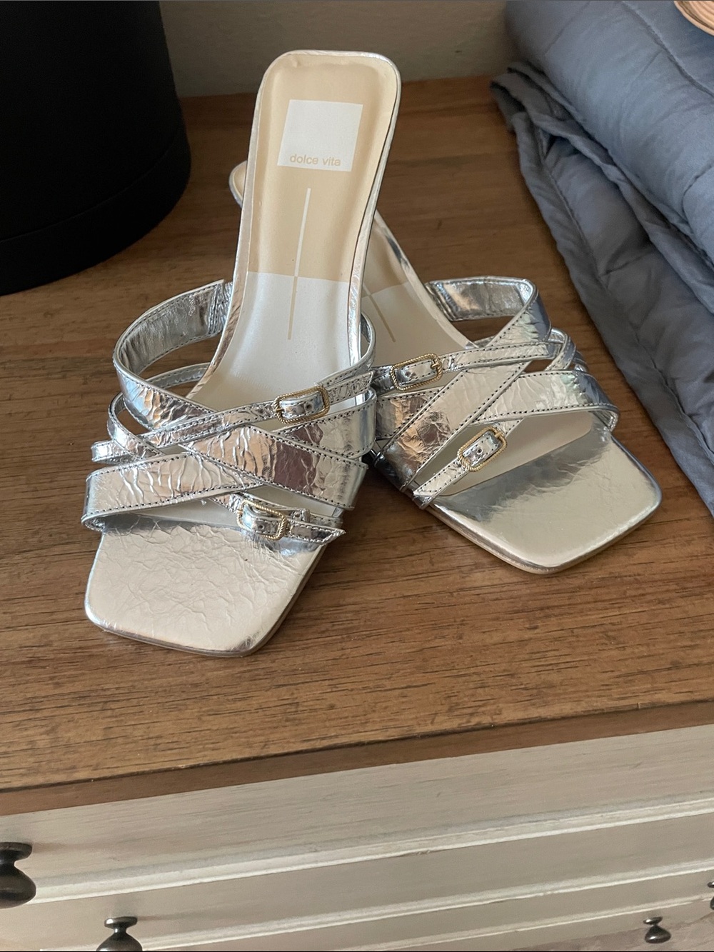Dolce Vita Metallic Silver Square-Toe Buckle Mules